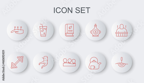 Set line Acupuncture therapy, Dumbbell, Medical book, Teapot with, Fresh smoothie, Ginger root and Vacuum cans icon. Vector