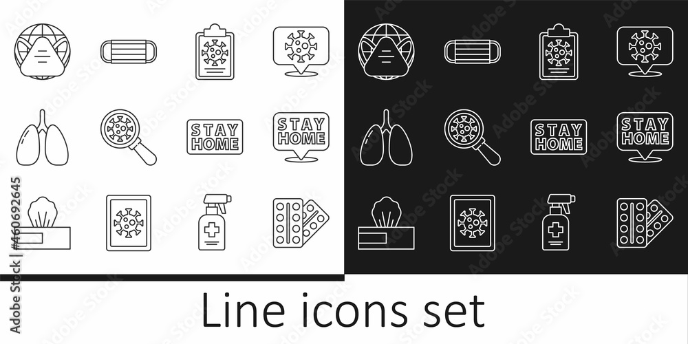 Set line Pills in blister pack, Stay home, Clipboard with blood test results, Virus under magnifying glass, Lungs, Earth medical mask, and Medical protective icon. Vector