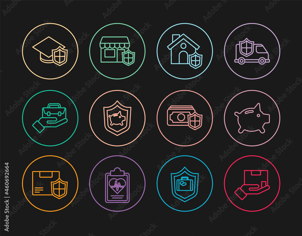 Set line Delivery insurance, Piggy bank, House with shield, Hand holding briefcase, Graduation cap, Money and Shopping building icon. Vector