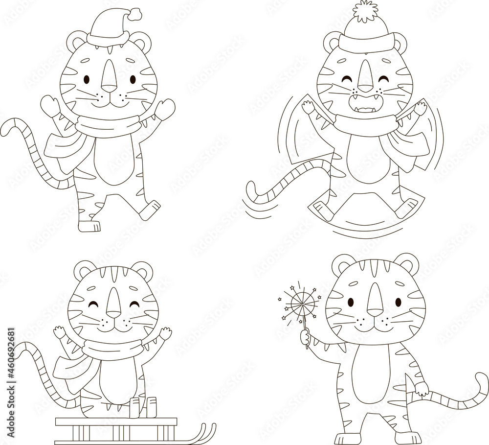 Set of cute tigers for coloring book