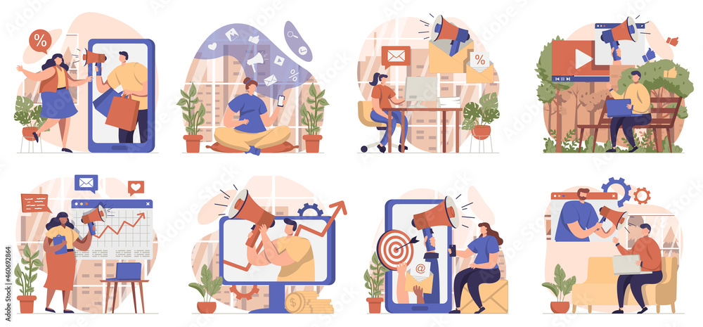 Digital marketing collection of scenes isolated. People promote online and make advertising campaigns, set in flat design. Vector illustration for blogging, website, mobile app, promotional materials.