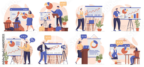 Coach speaking collection of scenes isolated. People learn at business training, career development, set in flat design. Vector illustration for blogging, website, mobile app, promotional materials.