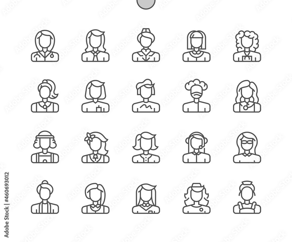 Careers Women. Female professional. Woman job worker. Pixel Perfect Vector Thin Line Icons. Simple Minimal Pictogram