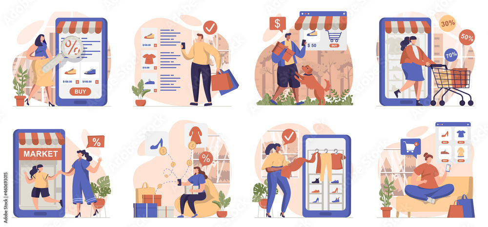 Mobile commerce collection of scenes isolated. People make purchases and pay for orders in apps, set in flat design. Vector illustration for blogging, website, mobile app, promotional materials. Mobile commerce collection of scenes isolated. People make purchases and pay for orders in apps, set in flat design. Vector illustration for blogging, website, mobile app, promotional materials.