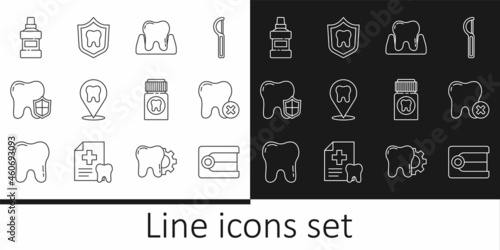 Set line Dentures model, Tooth with caries, Dental clinic location, protection, Mouthwash bottle, Painkiller tablet and icon. Vector