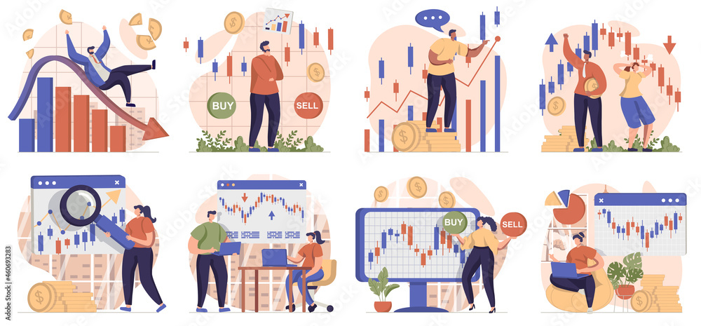 Stock market collection of scenes isolated. People are engaged in trading, invest money, buy and sell, set in flat design. Vector illustration for blogging, website, mobile app, promotional materials.