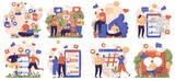 Social network collection of scenes isolated. People browsing posts, like, chatting online at apps, set in flat design. Vector illustration for blogging, website, mobile app, promotional materials.
