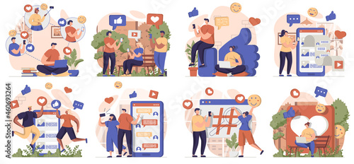 Social network collection of scenes isolated. People browsing posts, like, chatting online at apps, set in flat design. Vector illustration for blogging, website, mobile app, promotional materials.