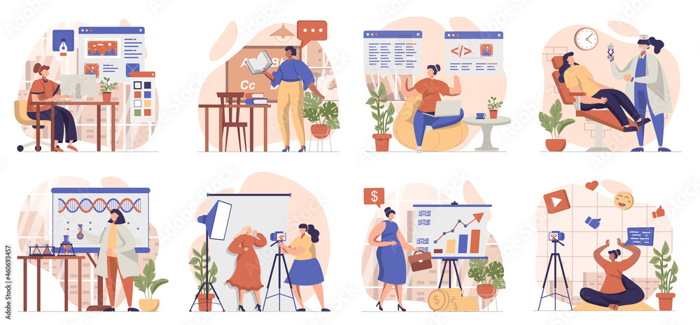 Women working collection of scenes isolated. People work at different professions or occupations, set in flat design. Vector illustration for blogging, website, mobile app, promotional materials.