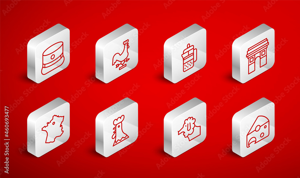 Set line Cheese, Rooster weather vane, French press, Triumphal Arch, Poodle dog, Kepi, rooster and Map of France icon. Vector Set line Cheese, Rooster weather vane, French press, Triumphal Arch, Poodle dog, Kepi, rooster and Map of France icon. Vector