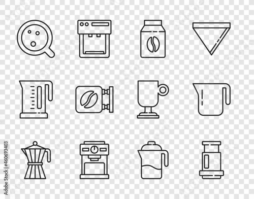 Set line Coffee moca pot, Aeropress coffee, Bag beans, machine, cup, Street signboard, French and icon. Vector
