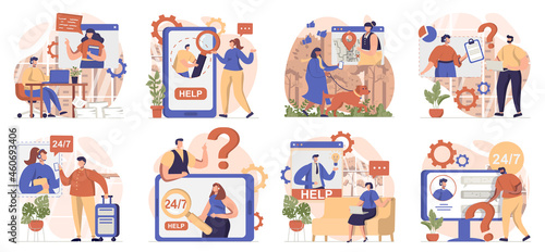 Virtual assistant collection of scenes isolated. People call and send messages to customer support, set in flat design. Vector illustration for blogging, website, mobile app, promotional materials.