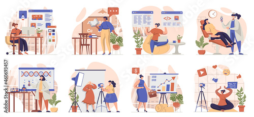 Women working collection of scenes isolated. People work at different professions or occupations, set in flat design. Vector illustration for blogging, website, mobile app, promotional materials.