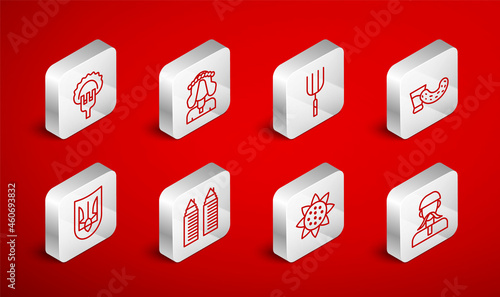 Set line Ukrainian cossack, woman, Garden pitchfork, Glass with vodka, Sunflower, Dumplings on, Two towers Dnipro and trident icon. Vector