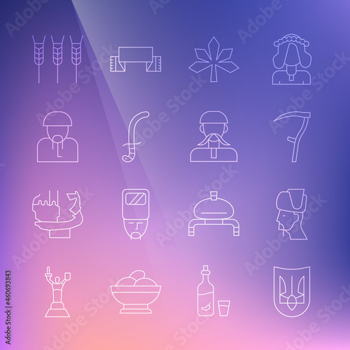 Set line Ukrainian trident, cossack, Scythe, Chestnut leaf, Medieval sword, Wheat and icon. Vector