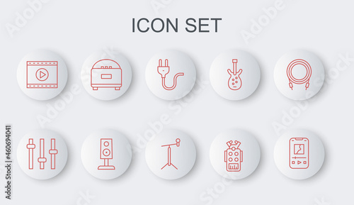 Set line Music player, equalizer, Electric plug, Microphone, Online video, Stereo speaker, and with stand icon. Vector