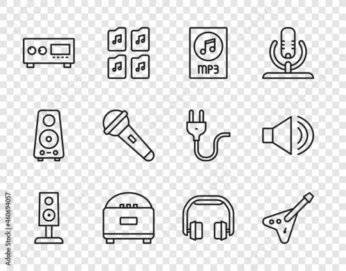 Set line Stereo speaker, Electric bass guitar, MP3 file document, Guitar amplifier, Microphone, Headphones and Speaker volume icon. Vector
