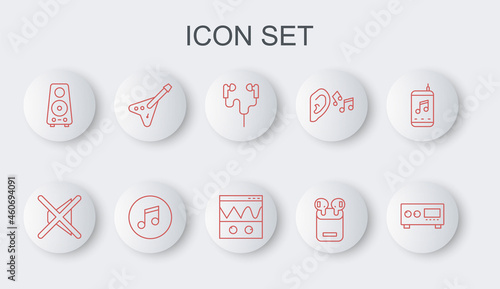 Set line Guitar amplifier, Speaker mute, Air headphones, in box, Stereo speaker, Electric bass guitar, Music note, tone and Oscilloscope icon. Vector