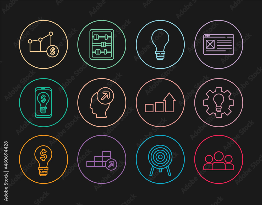 Set line Users group, Light bulb and gear, with concept of idea, Head hunting, dollar mobile, Pie chart, Financial growth and Abacus icon. Vector Set line Users group, Light bulb and gear, with concept of idea, Head hunting, dollar mobile, Pie chart, Financial growth and Abacus icon. Vector