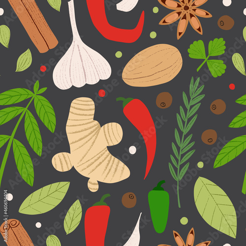 Spices and herbs seamless pattern. Flat hand drawn spicy cooking ingredients. Trendy kitchen textile design, background for spice shop.