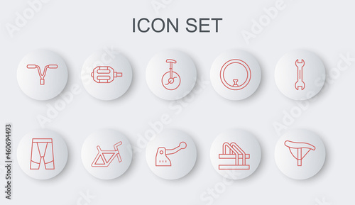 Set line Bicycle seat, Cycling shorts, Unicycle one wheel bicycle, parking, handlebar, pedal, frame and brake icon. Vector