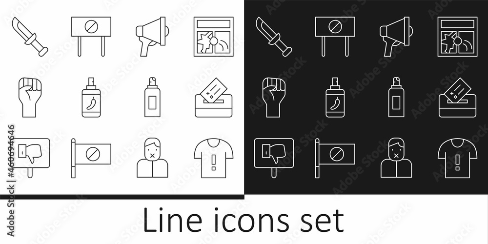 Set line T-shirt protest, Vote box, Megaphone, Pepper spray, Raised hand with clenched fist, Military knife, Paint can and Protest icon. Vector