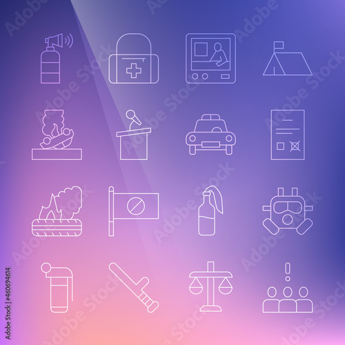 Set line Crowd protest, Gas mask, Poll document, Television report, Stage stand tribune, Burning car, Air horn and Police flasher icon. Vector