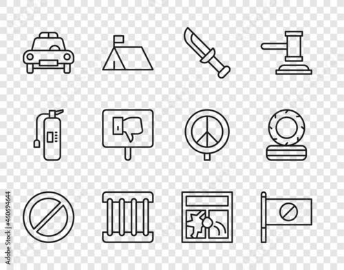 Set line Ban, Protest, Military knife, Prison window, Police car and flasher, Broken and Lying burning tires icon. Vector