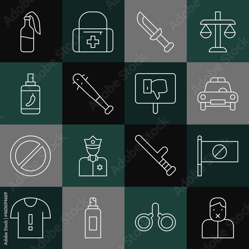 Set line Censor and freedom of speech, Protest, Police car flasher, Military knife, Baseball bat with nails, Pepper spray, Cocktail molotov and icon. Vector