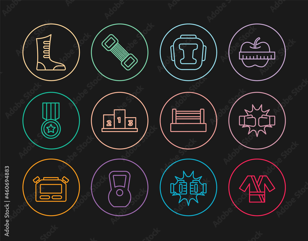 Set line Japanese costume Kimono, Punch in boxing gloves, Boxing helmet, Award over sports winner podium, Medal, Sport shoes, ring and Chest expander icon. Vector Set line Japanese costume Kimono, Punch in boxing gloves, Boxing helmet, Award over sports winner podium, Medal, Sport shoes, ring and Chest expander icon. Vector