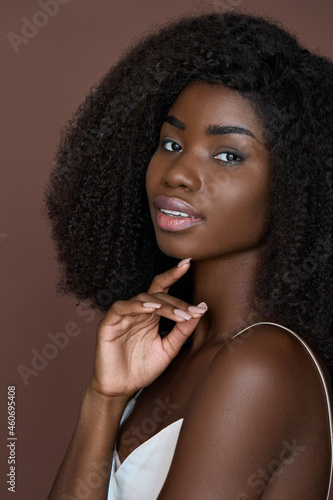 Gorgeous young black natural beauty model isolated on brown background. Vertical portrait of attractive African ethnic woman with curly hair advertising cosmetics, makeup, skin care, dermatology.