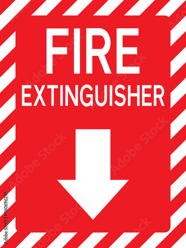 Fire extinguisher below sign. Safety signs and symbols.