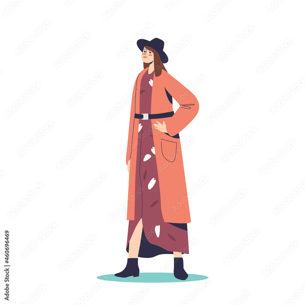Stylish autumn outfit for modern female: young woman wearing hat, dress and cardigan Stylish autumn outfit for modern female: young woman wearing hat, dress and cardigan