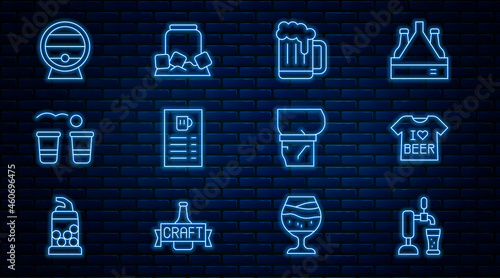 Set line Beer tap with glass, T-shirt, Wooden beer mug, menu, pong game, barrel rack, belly and Cold can icon. Vector