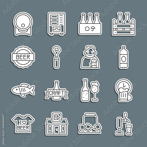 Set line Beer tap with glass, Happy hour, Plastic beer bottle, Pack of bottles, Bottle opener, cap, Wooden barrel on rack and man icon. Vector
