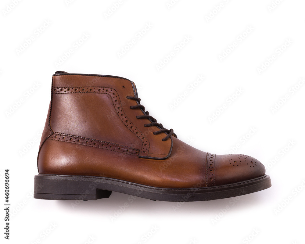men's classic brown leather shoe, side view isolated on white background