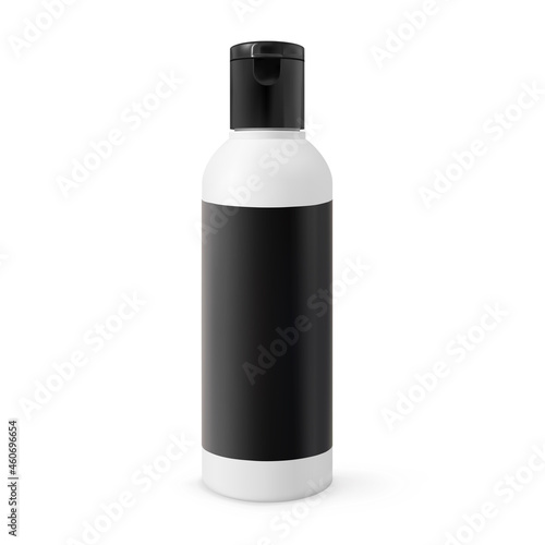 Shampoo, facial cleanser, lotion or body milk realistic cosmetic bottle mock-up with sticker isolated on white background. White plastic with black cap beauty product container 3d vector illustration