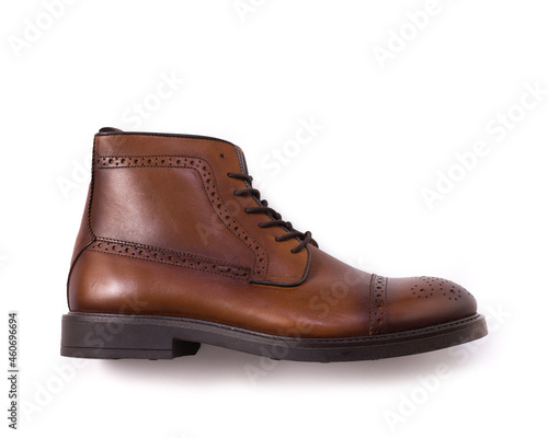 men's classic brown leather shoe, side view isolated on white background