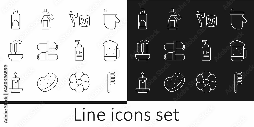 Set line Hairbrush, Wooden beer mug, axe in stump, Sauna slippers, Incense sticks, Spray can for hairspray, Cream lotion cosmetic tube and Essential oil bottle icon. Vector