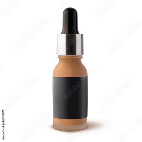 Mockup liquid tonal foundation makeup cream in glass jar with dropper mockup with empty sticker 3d vector realistic illustration, isolated. BB cream. CC cream