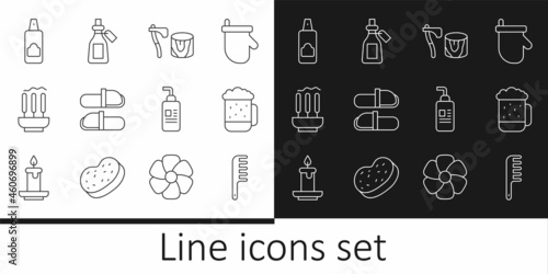 Set line Hairbrush, Wooden beer mug, axe in stump, Sauna slippers, Incense sticks, Spray can for hairspray, Cream lotion cosmetic tube and Essential oil bottle icon. Vector