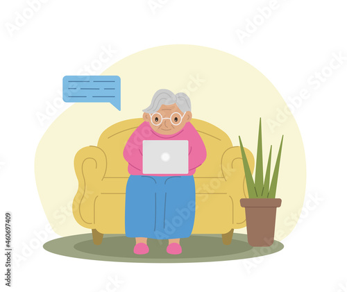 Happy grandmother with laptop. Technology and the elderly. Grandma is sitting on the couch. Vector illustration.