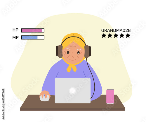 Happy grandmother with laptop. Technology and the elderly. Grandma plays computer games. Vector illustration.