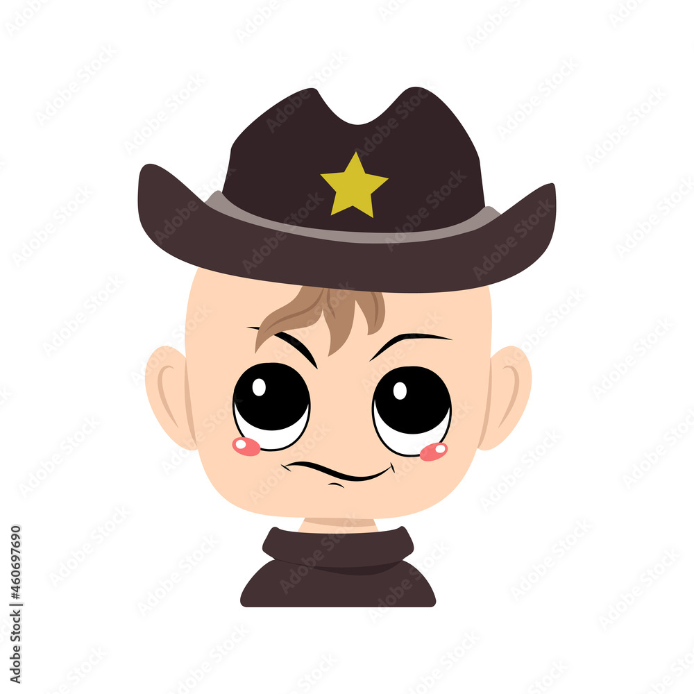 Boy with emotions of suspicious, displeased eyes in sheriff hat with yellow star. Cute kid with annoyed expression in carnival costume for holiday. Head of adorable baby