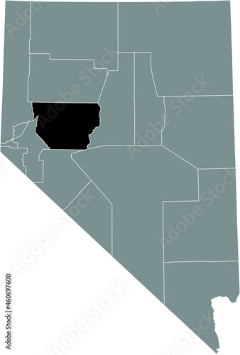 Black highlighted location map of the Churchill County inside gray map of the Federal State of Nevada, USA