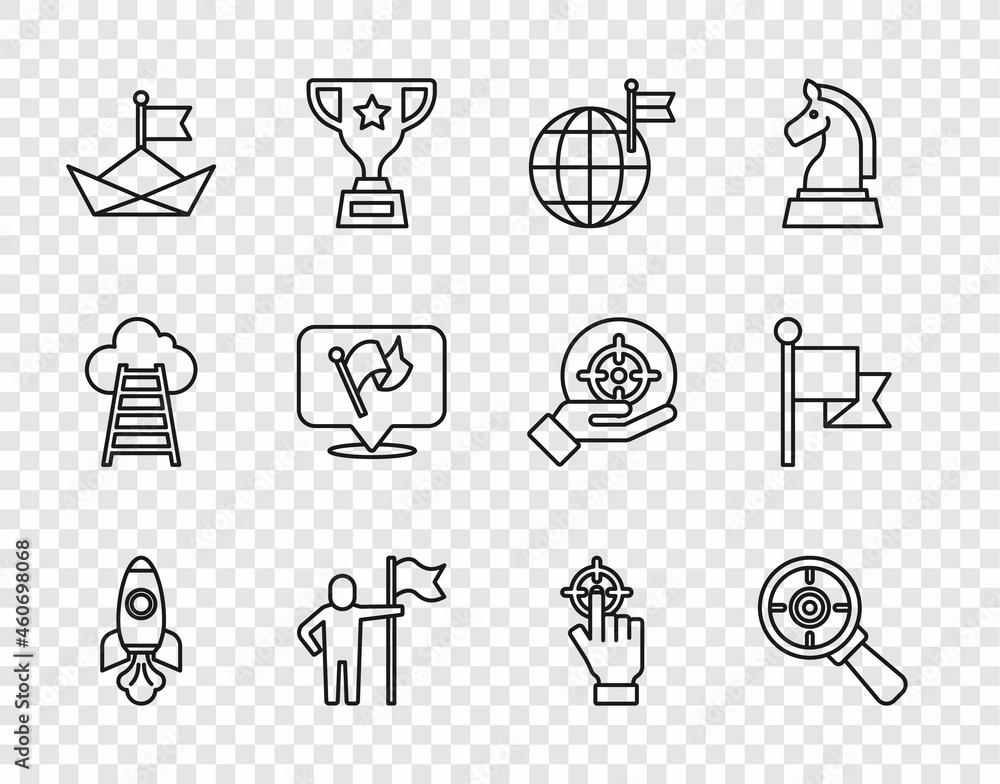 Set line Rocket ship, Target with magnifying glass, Planet flag, Man holding, Folded paper boat, Flag, and icon. Vector Set line Rocket ship, Target with magnifying glass, Planet flag, Man holding, Folded paper boat, Flag, and icon. Vector