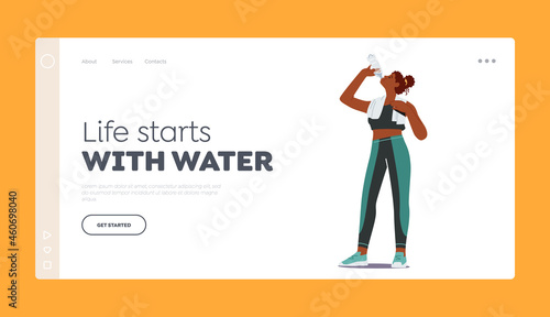 Landing Page Template. Athletic Beautiful Sportswoman Drinking Water from Bottle Refreshing after Fitness Activity