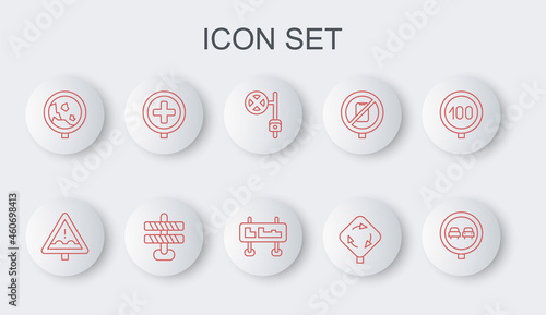 Set line No overtaking road traffic, Uneven ahead sign, Stop with camera, Roundabout, Road warning rockfall, Hospital, barrier and icon. Vector