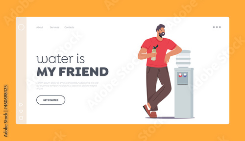 Water Refreshment Landing Page Template. Man Drinking Fresh Water at Cooler during Office Break, Rest, Drink Beverage