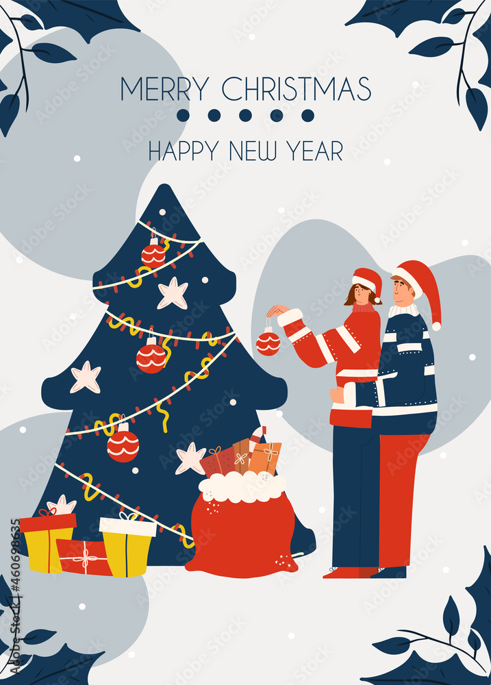 Christmas card, invitation. The man hugs the woman. The family is decorating the tree on New Year's Eve. Vector hand-drawn illustration in flat style. Festive banner.